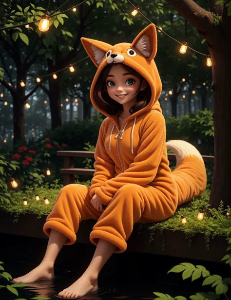 3dmm style, 8K, (masterpiece*high detailed*highres), sharp focus, Natural volumetric lights, soft lighting, fox_onesie, fuzzy_onesie, hood, fox_kigurumi, smiling, looking_at_viewer, symmetric_eyes, detailed_eyes, garden, sitting, feet in water, porch, back...