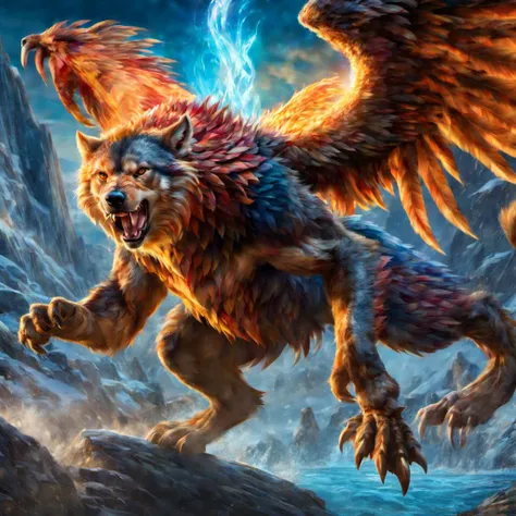 Mythical large creature battle cry, wolf-bear, griffin, claw, fangs, eagle, hunting,