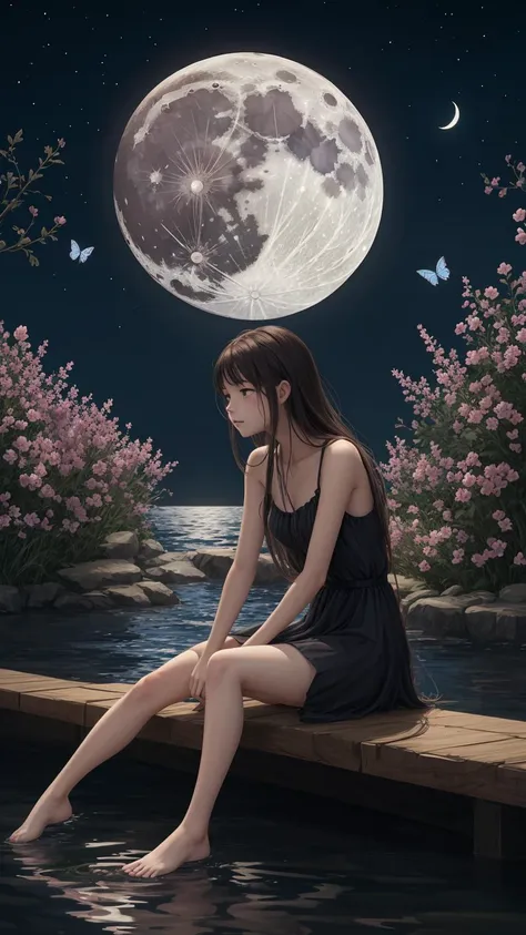 a woman sitting on a dock with a full moon in the background