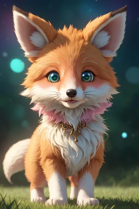 a cartoon fox with blue eyes standing in the grass