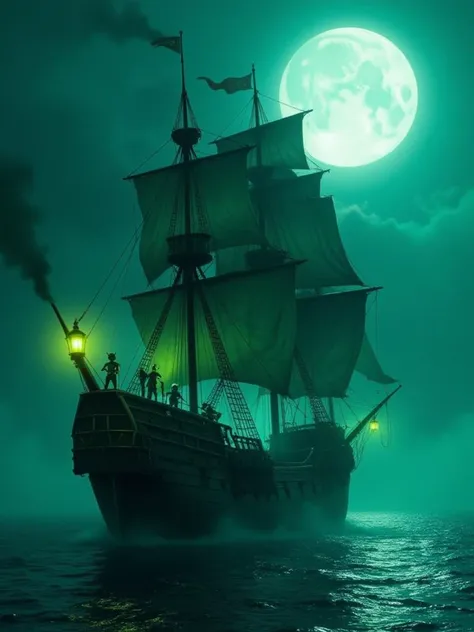 A ghostly pirate ship sailing through a foggy, moonlit sea. The ship is tattered with broken sails, glowing green lanterns hanging from its sides, and skeletal pirates standing at the helm, their eyes glowing in the mist.