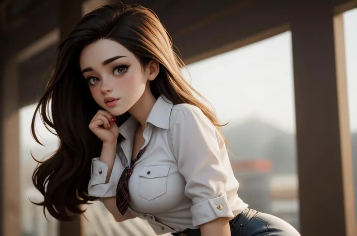 cinematic photo beautiful fantasy scene, dim lights, stunning girl, toned figure, Schoolgirl outfit, plaid miniskirt, tied white button-up blouse, knee-high stockings, Dynamic pose, portrait, Backlit, Chromatic Aberration, High-Quality, Lens Blur, Bokeh, B...