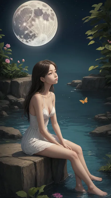 1girl, flower, moon, sitting, water, butterfly