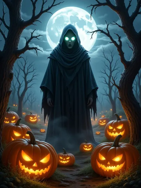 A haunted pumpkin patch comes to life under the full moon, with carved pumpkins glowing and sinister vines twisting around. In the center, a ghostly figure in a tattered cloak hovers, glowing eyes staring into the distance.