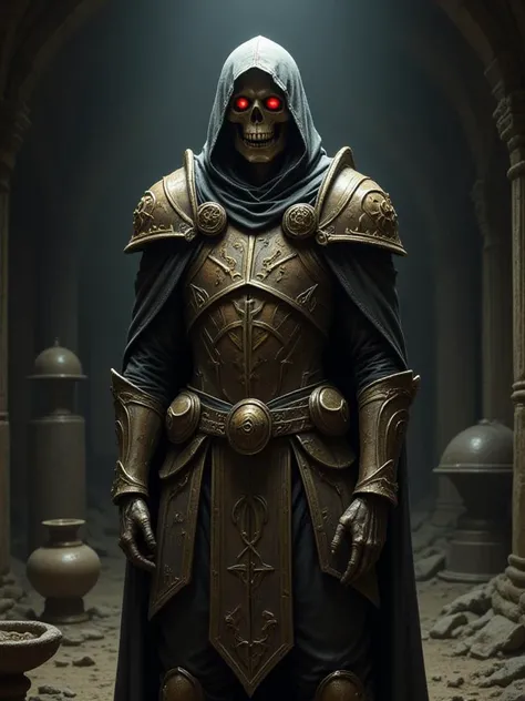 A skeletal figure adorned in worn, ancient armor with mystic symbols engraved. His eyes radiate an eerie red glow, and he stands in a dark, dusty tomb surrounded by arcane artifacts.