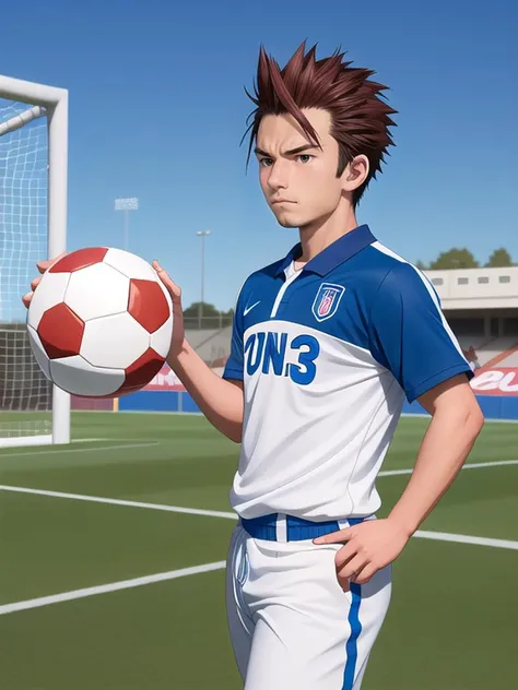 A front-view of an anime sports player on a field, wearing a sports uniform and holding a soccer ball. His hair is short and spiky, and he looks determined, ready to play.