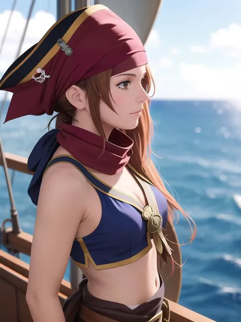 A side-view of an anime pirate girl on a ship, dressed in a pirate outfit with a hat and eyepatch. Her hair is tied back with a bandana, and she looks out to sea with determination.