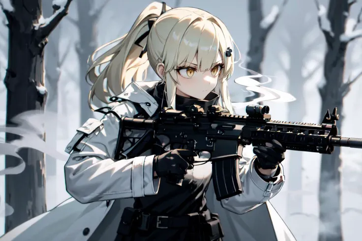 anime girl with gun in the woods with trees in the background