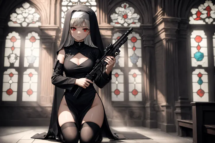 masterpiece, best quality, highres, soft lighting, church, window, sunlight, 1girl, medium breasts, long grey hair, red eyes, nun, habit, black choker, side slit, shoulder cutout, hip bones, black thighhighs, kneeling, <lora:hKHK416Lora_v20:0.7>, (holding ...