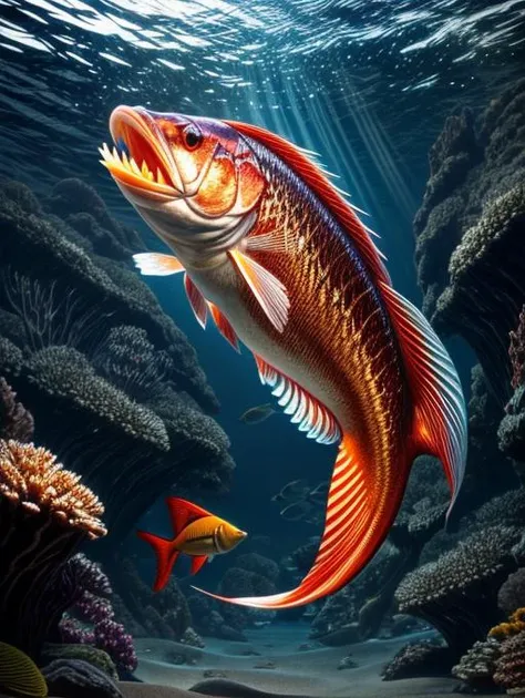 a painting of a fish with a large mouth and a small fish with a long tail