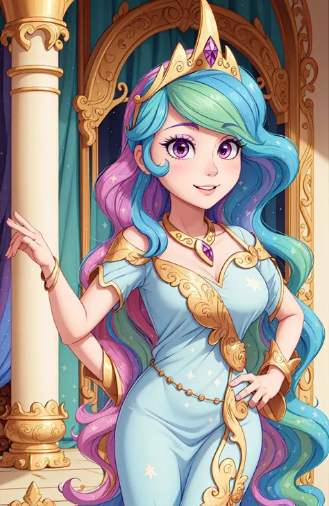 princess_celestia wearing a tunic,regalia,crown,scene is luxurious palace hall,(hair over one eye, one eye covered),<lora:celestia:1>,masterpiece,best quality,