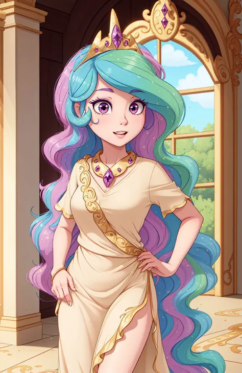 princess_celestia wearing a tunic,regalia,crown,scene is luxurious palace hall,(hair over one eye, one eye covered),<lora:celestia:1>,masterpiece,best quality,