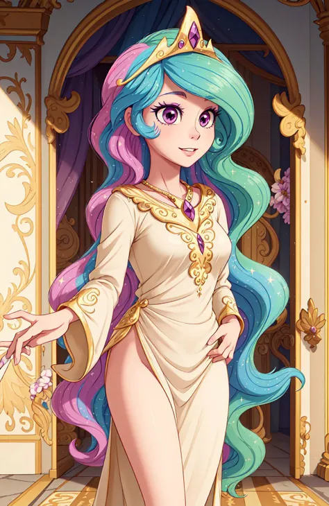 princess_celestia wearing a tunic,regalia,crown,scene is luxurious palace hall,(hair over one eye, one eye covered),<lora:celestia:1>,masterpiece,best quality,