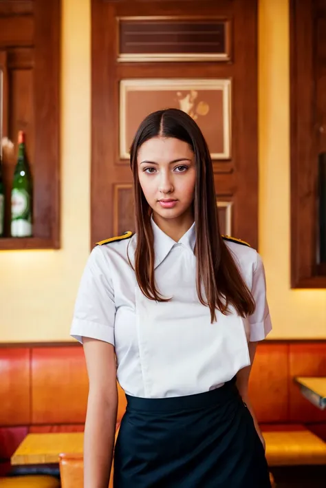 A full color portrait of a beautiful woman wearing a waitstaff uniform in a restaurant,shy,epic character composition,by ilya kuvshinov, alessio albi, nina masic,sharp focus, subsurface scattering, f2, 35mm, film grain <lora: kittyja:1>