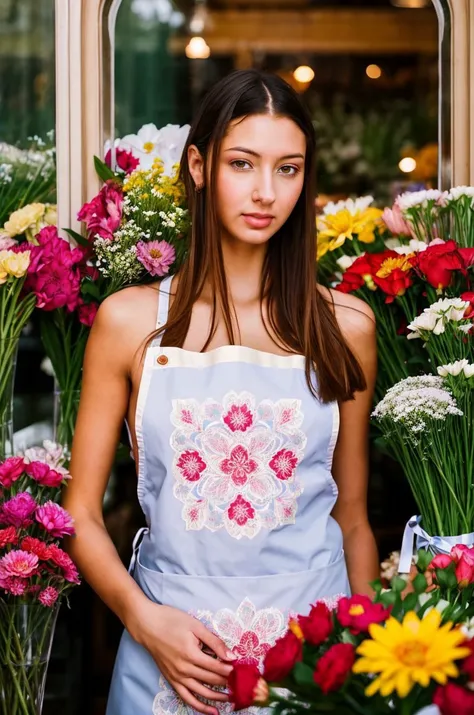 A stunning intricate full color picture of a beautiful woman, wearing a florist apron in a flower shop, closeup,, epic character composition,by ilya kuvshinov, alessio albi, nina masic,sharp focus, subsurface scattering, f2, 35mm, film grain<lora: kittyja:...