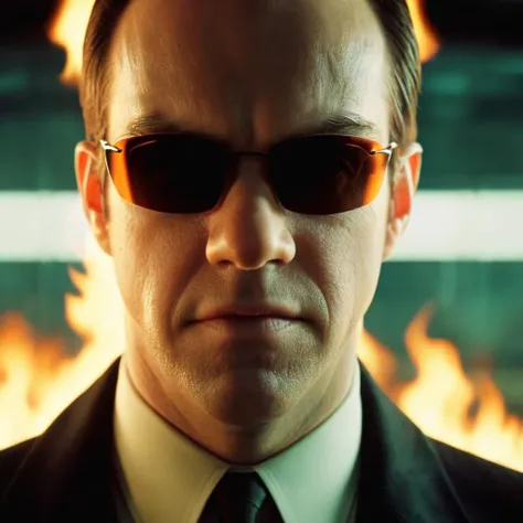 cinematic film still of  <lora:The Matrix Style:1>
Agent Smith a close up of a glowing Human Torch person wearing sunglasses staring to the camera glowing in fire The Matrix Style, shallow depth of field, vignette, highly detailed, high budget, bokeh, cine...