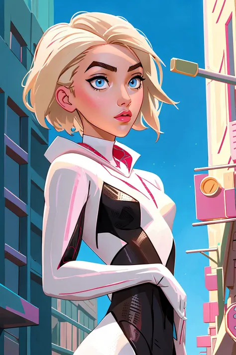 gwen stacy, blonde hair, short hair, spider-gwen suit, bodysuit, <lora:gwen_1.5:0.7>, street, best quality, masterpiece