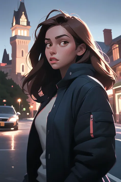 a woman standing in front of a car on a street at night with a castle in the background and a car driving by, Alena Aenami, realistic face, a digital painting, photorealism, 1girl, brown eyes, jacket, lips, long hair, looking at viewer, solo