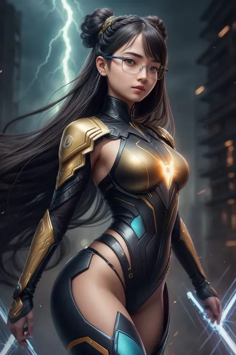 ((art by Boris Vallejo  ))   ((small breasts, young girl , slender body, )) (( Ruri, Ikko-Ikki Technician: Ruri is the technician of the Ikko-Ikki clan, dressed in a modern and futuristic yellow and black jumpsuit adorned with intricate patterns of lightni...