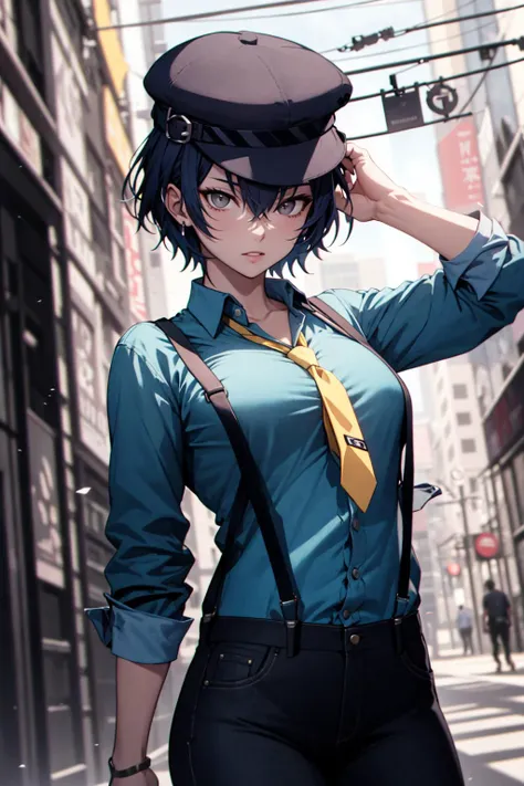 absurdres, best quality, masterpiece, 1girl, solo,  <lora:shirogane naoto:0.9>, shiroganenaoto, (breasts:0.5), hat, black pants, blue shirt, yellow necktie, suspenders, grey eyes