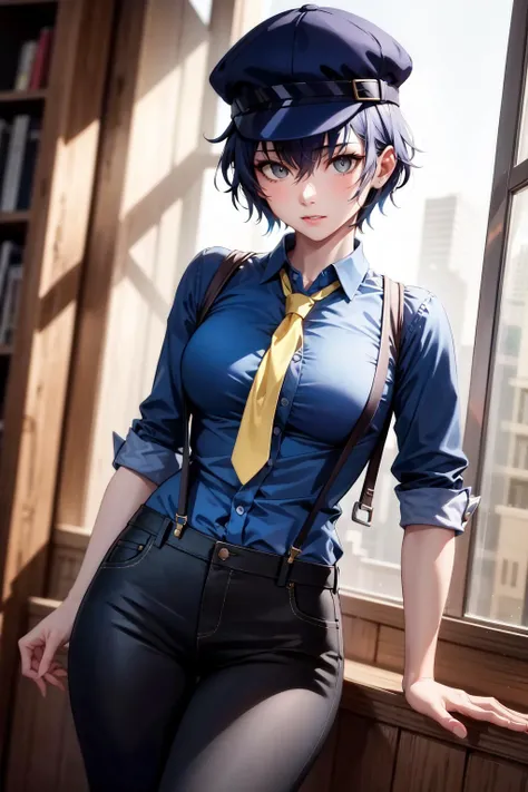 absurdres, best quality, masterpiece, 1girl, solo,  <lora:shirogane naoto:0.9>, shiroganenaoto, (breasts:0.5), hat, black pants, blue shirt, yellow necktie, suspenders, grey eyes