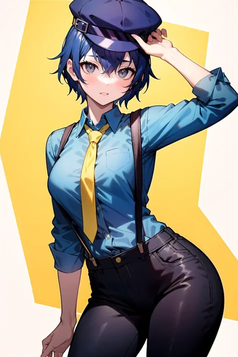 absurdres, best quality, masterpiece, 1girl, solo,  <lora:shirogane naoto:0.9>, shiroganenaoto, (breasts:0.5), hat, black pants, blue shirt, yellow necktie, suspenders, grey eyes