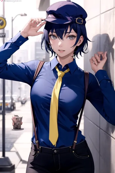 absurdres, best quality, masterpiece, 1girl, solo,  <lora:shirogane naoto:0.9>, shiroganenaoto, (breasts:0.5), hat, black pants, blue shirt, yellow necktie, suspenders, grey eyes