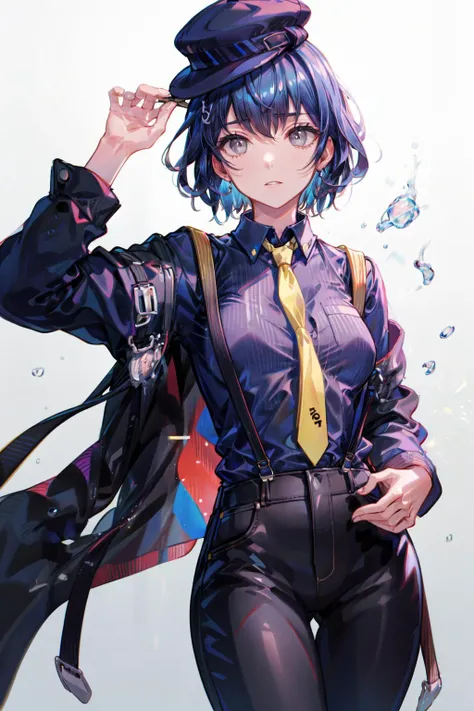 absurdres, best quality, masterpiece, 1girl, solo,  <lora:shirogane naoto:0.9>, shiroganenaoto, (breasts:0.5), hat, black pants, blue shirt, yellow necktie, suspenders, grey eyes