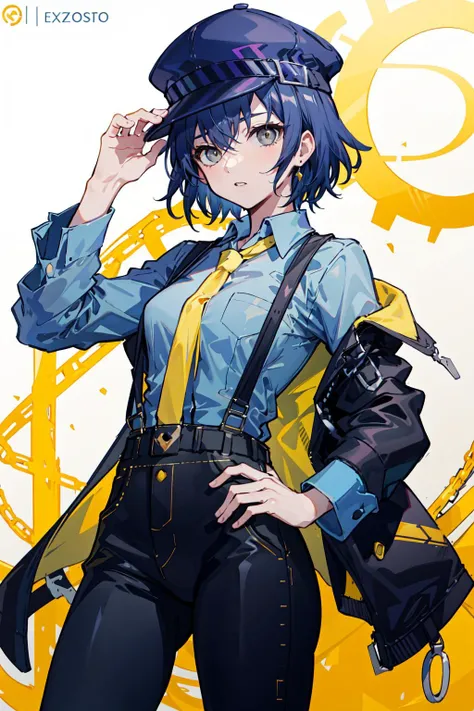 absurdres, best quality, masterpiece, 1girl, solo,  <lora:shirogane naoto:0.9>, shiroganenaoto, (breasts:0.5), hat, black pants, blue shirt, yellow necktie, suspenders, grey eyes