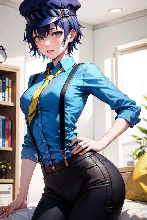 absurdres, best quality, masterpiece, 1girl, solo,  <lora:shirogane naoto:0.9>, shiroganenaoto, (breasts:0.5), hat, black pants, blue shirt, yellow necktie, suspenders, grey eyes