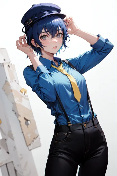 absurdres, best quality, masterpiece, 1girl, solo,  <lora:shirogane naoto:0.9>, shiroganenaoto, (breasts:0.5), hat, black pants, blue shirt, yellow necktie, suspenders, grey eyes