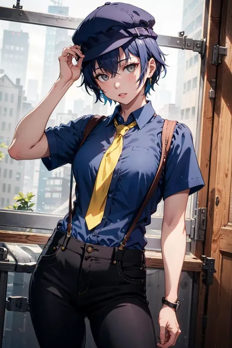 absurdres, best quality, masterpiece, 1girl, solo,  <lora:shirogane naoto:0.9>, shiroganenaoto, (breasts:0.5), hat, black pants, blue shirt, yellow necktie, suspenders, grey eyes