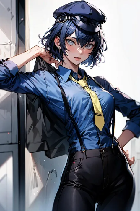 absurdres, best quality, masterpiece, 1girl, solo,  <lora:shirogane naoto:0.9>, shiroganenaoto, (breasts:0.5), hat, black pants, blue shirt, yellow necktie, suspenders, grey eyes