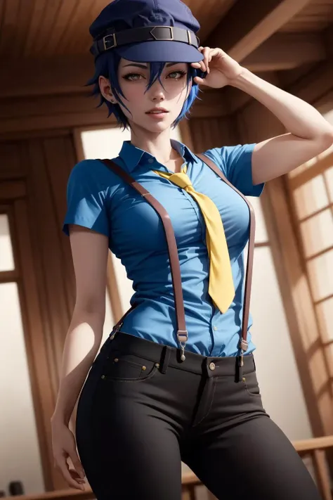 absurdres, best quality, masterpiece, 1girl, solo,  <lora:shirogane naoto:0.9>, shiroganenaoto, (breasts:0.5), hat, black pants, blue shirt, yellow necktie, suspenders, grey eyes