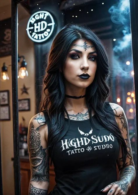 a woman with tattoos and a black top standing in front of a window