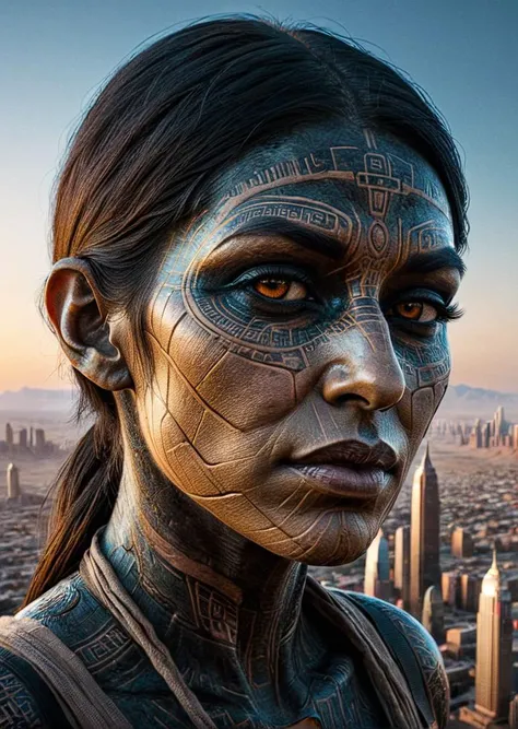 a close up of a woman with a face painted with tattoos