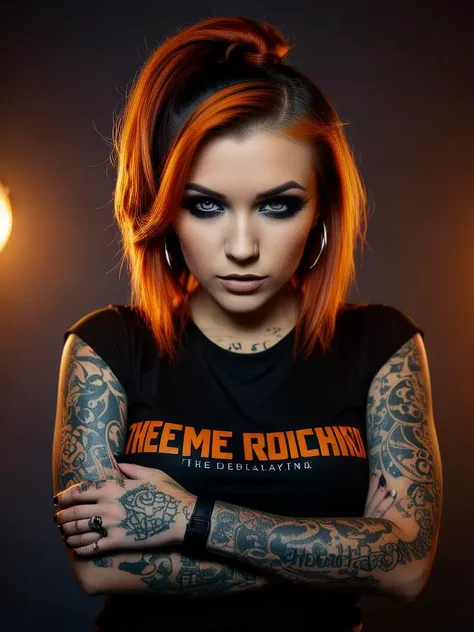 a woman with tattoos and piercings posing for a picture