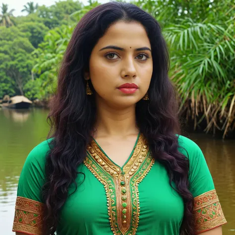 a close up of a woman in a green dress standing in front of a body of water