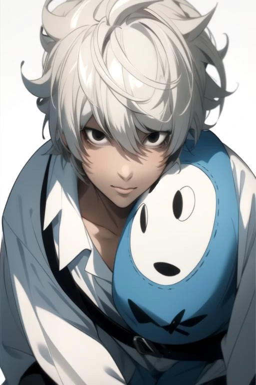 masterpiece, best quality, , 1boy, solo, male focus, looking at viewer, , , anime coloring, , <lora:nate_river:0.82>, nate_river, white hair, black eyes, hair between eyes, bags under eyes, lion costume, simple,