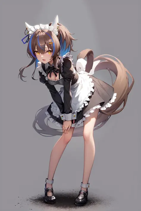 a woman in a maid outfit is holding a cat's tail