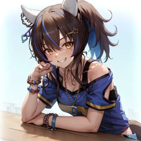 a woman with horns and a blue dress sitting on a table