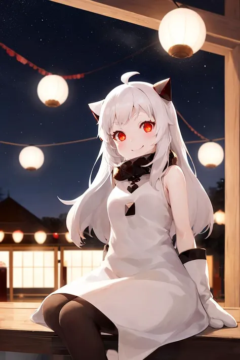 <lora:Pou2:0.8> hoppo, 1girl, white hair, white dress, mittens, ahoge, looking at viewer, smile, cute, 
outside, night, yoru no matsuri, night festival, food stalls, paper lanterns,