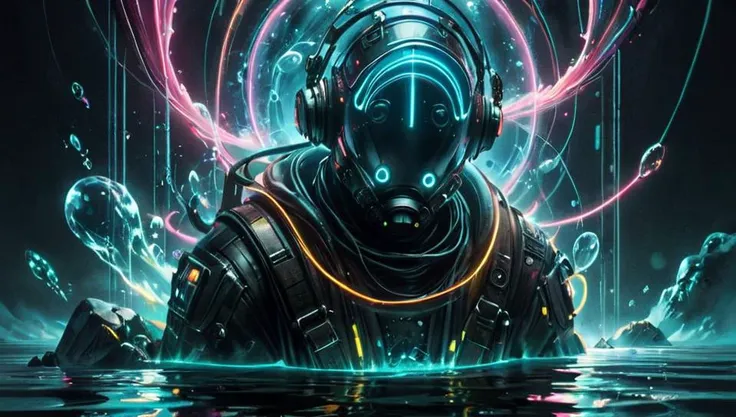 a man in a diving suit with glowing lights and a glowing orb