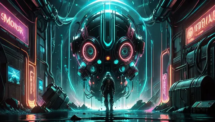 a man standing in front of a futuristic city with neon lights