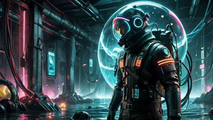 a man in a space suit standing in a futuristic space station