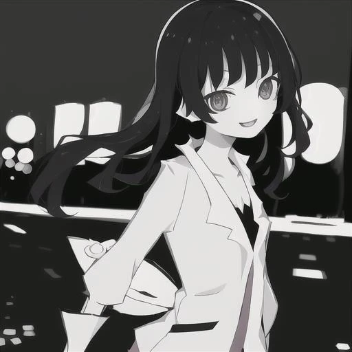 1girl,style(monogatari3),solo,smiling, black hairs, black and white,masterpiece, best quality, night street in background,<lora:monogatari3_v1:1.2>,night street in background