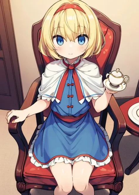 masterpiece, best quality,,<lora:GoodHands-vanilla:0.8> <lora:anmnr01:0.3> <lora:add_detail:0.5>
 <lora:web10:0.7>,1girl,alice sitting chair,blonde short hair, blue eyes,red hairband,white cape,blue frilled skirt ,table, chair, teaset on table,(red dressed...