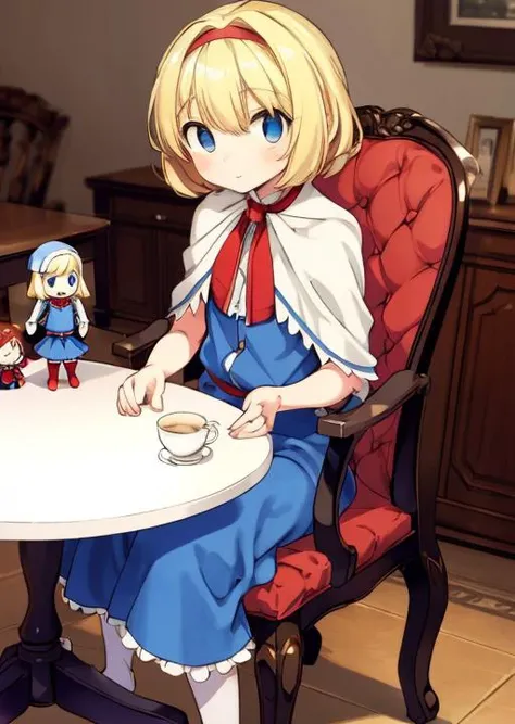 masterpiece, best quality,,<lora:GoodHands-vanilla:0.8> <lora:anmnr01:0.3> <lora:add_detail:0.5>
 <lora:web10:0.7>,1girl,alice sitting chair,blonde short hair, blue eyes,red hairband,white cape,blue frilled skirt ,table, chair, teaset on table,looking dool...