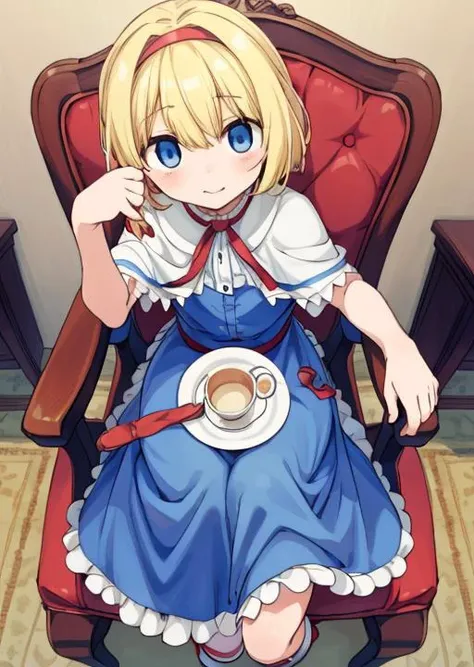 masterpiece, best quality,,<lora:GoodHands-vanilla:0.8> <lora:anmnr01:0.3> <lora:add_detail:0.5>
 <lora:web10:0.7>,1girl,alice sitting chair,blonde short hair, blue eyes,red hairband,white cape,blue frilled skirt ,table, chair, teaset on table,(red dressed...