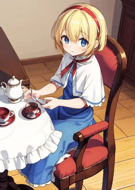 masterpiece, best quality,,<lora:GoodHands-vanilla:0.8> <lora:anmnr01:0.3> <lora:add_detail:0.5>
 <lora:web10:0.7>,1girl,alice sitting chair,blonde short hair, blue eyes,red hairband,white cape,blue frilled skirt ,table, chair, teaset on table,(red dressed...